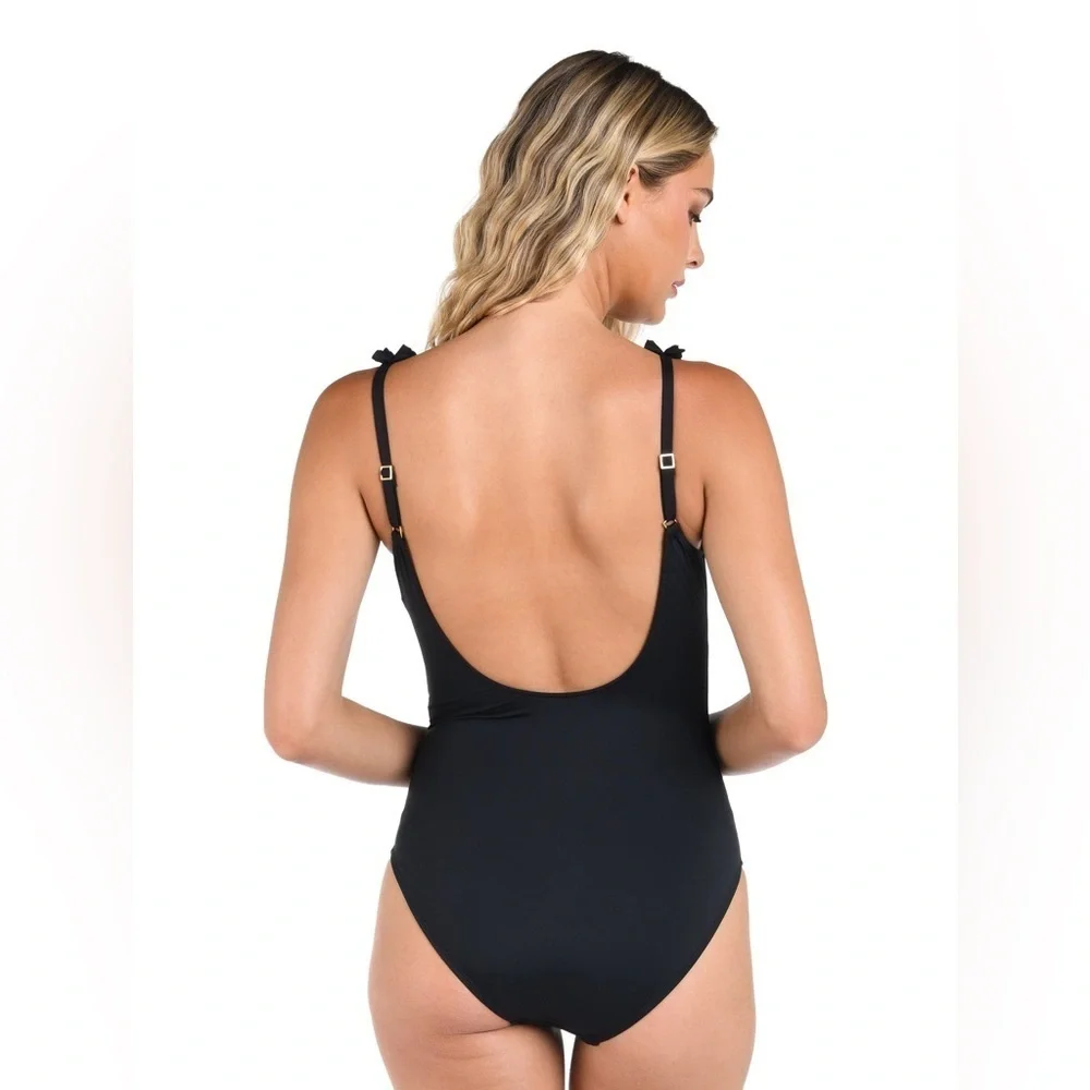 NWT! LA BLANCA Island Goddess Ruffle V-Plunge Black One Piece Swimsuit SZ 16 - Picture 3 of 5
